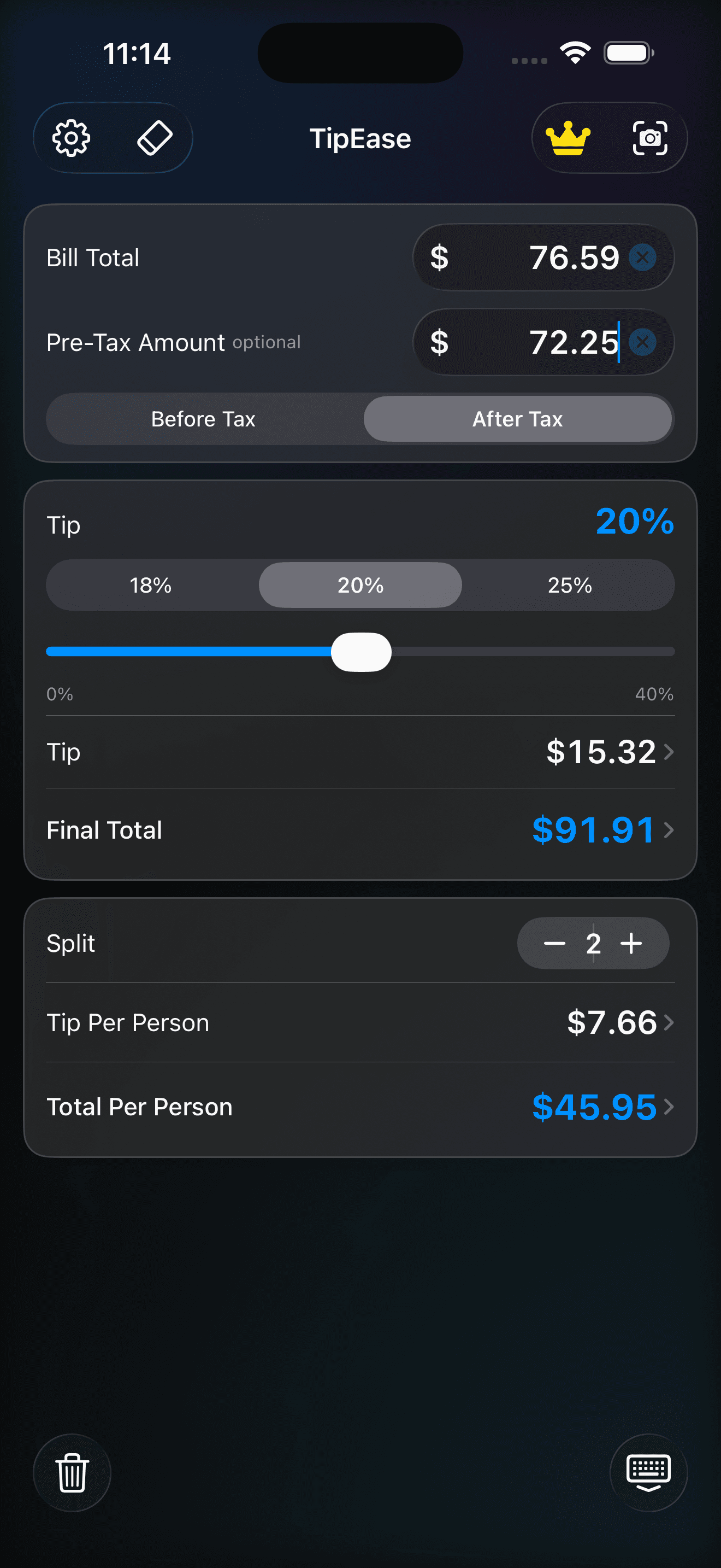 TipEase Calculator main screen dark mode
