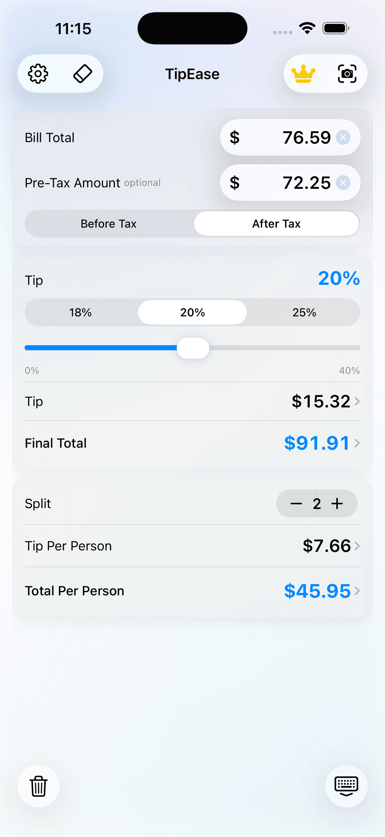 TipEase Calculator main screen light mode