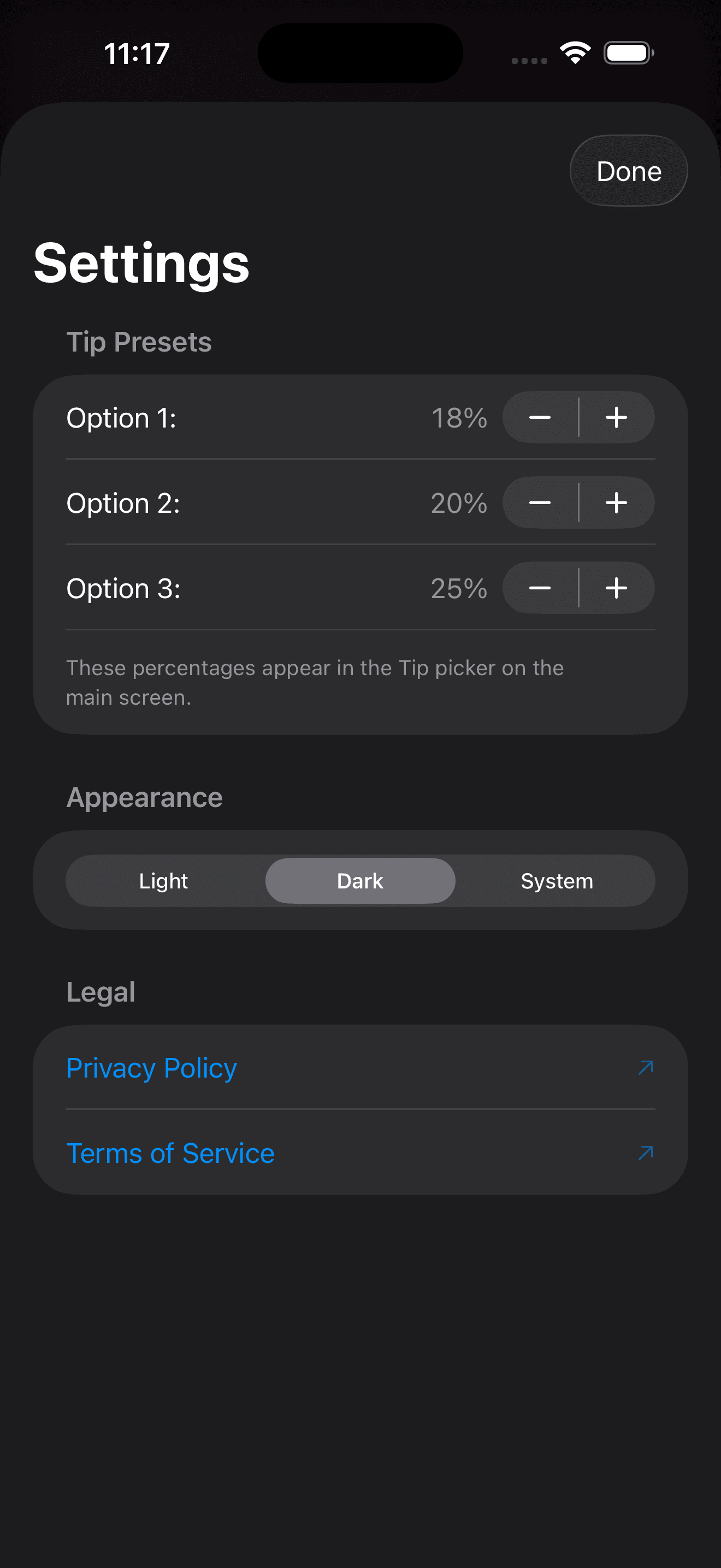 TipEase Calculator settings screen dark mode