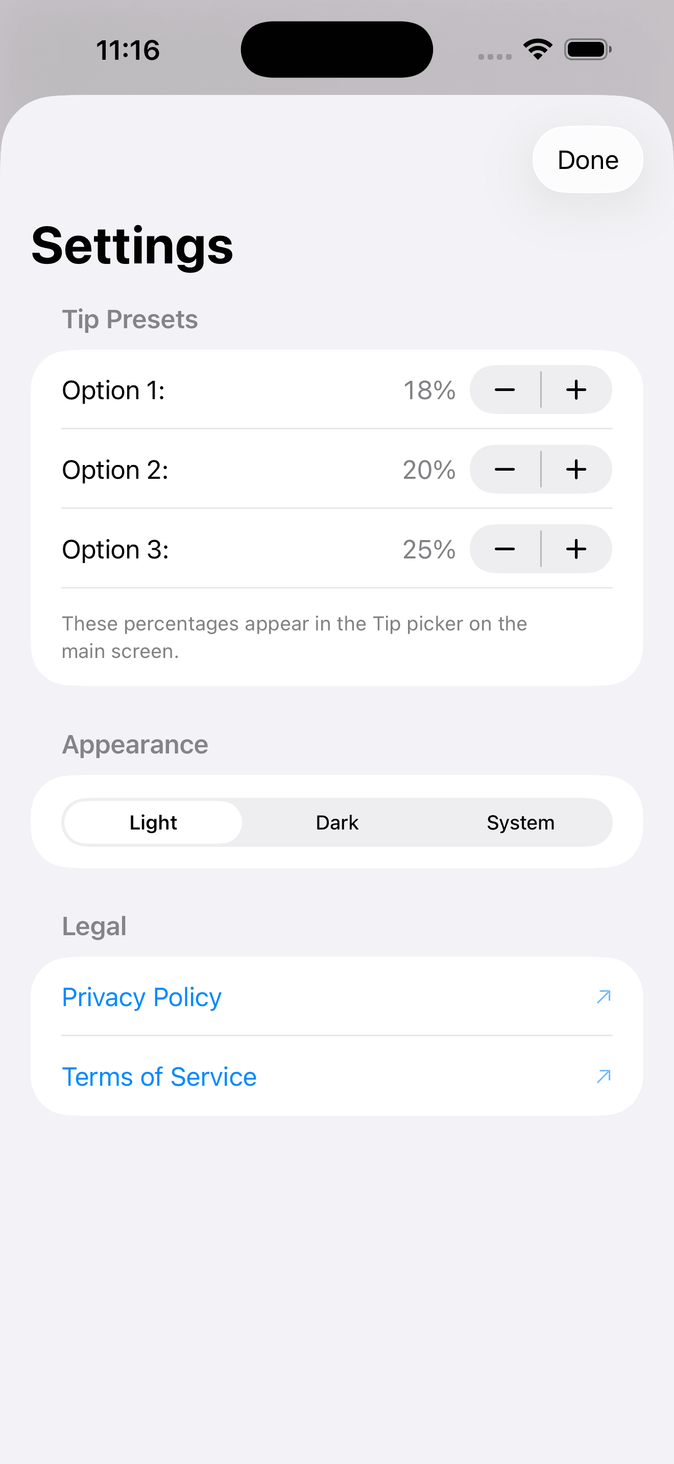 TipEase Calculator settings screen light mode